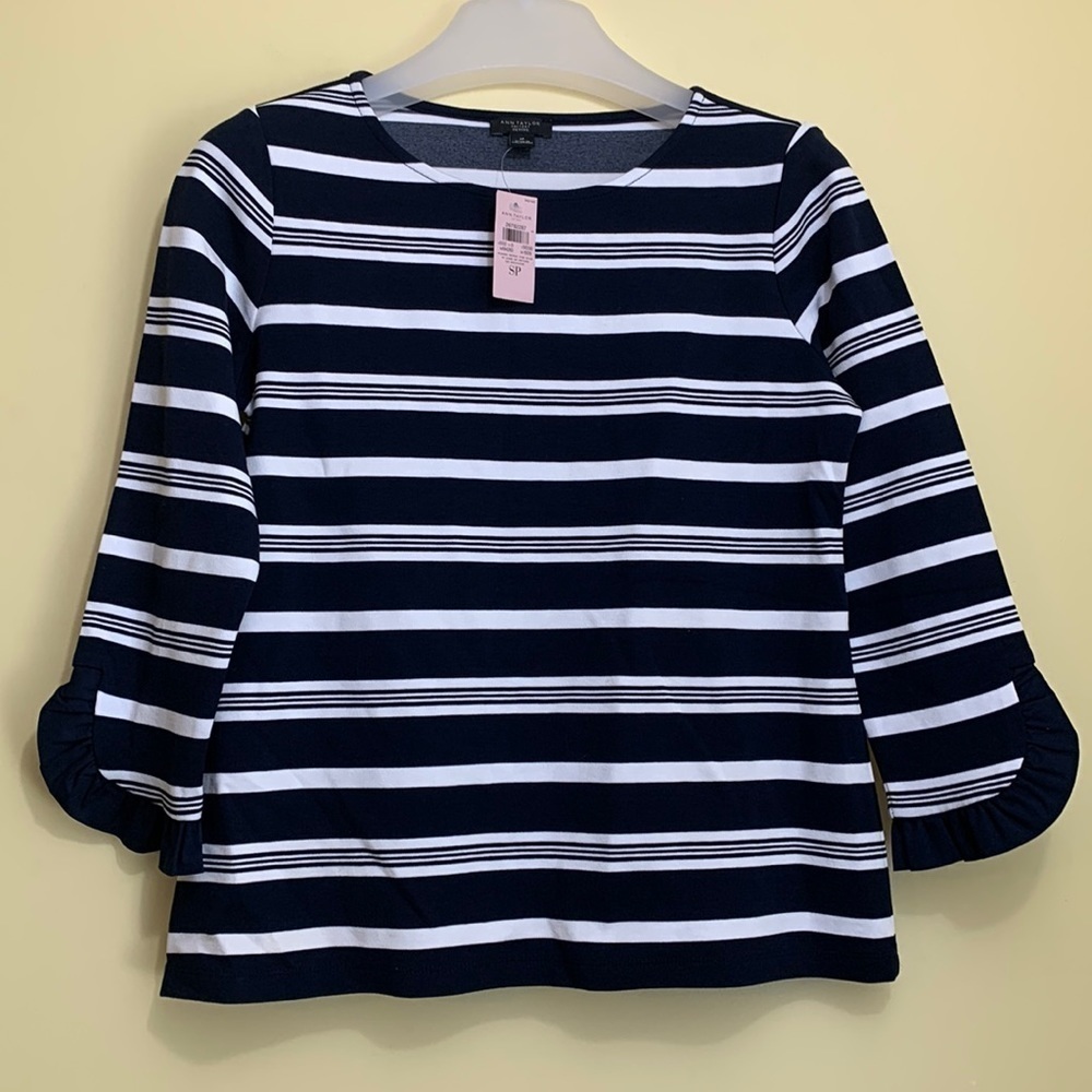Ann Taylor | NWT Striped Boxy 3/4 Sleeve Stretch Knit Round Neck Top Petite Sm